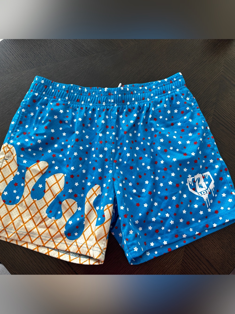 Baseball Lifestyle 101 Blue Star-Print Men's Swim Shorts with Gold Crown Accent